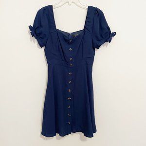 Lulu's Size L Navy Puff Sleeve Button Front Short Sleeve Dress Tie Sleeve